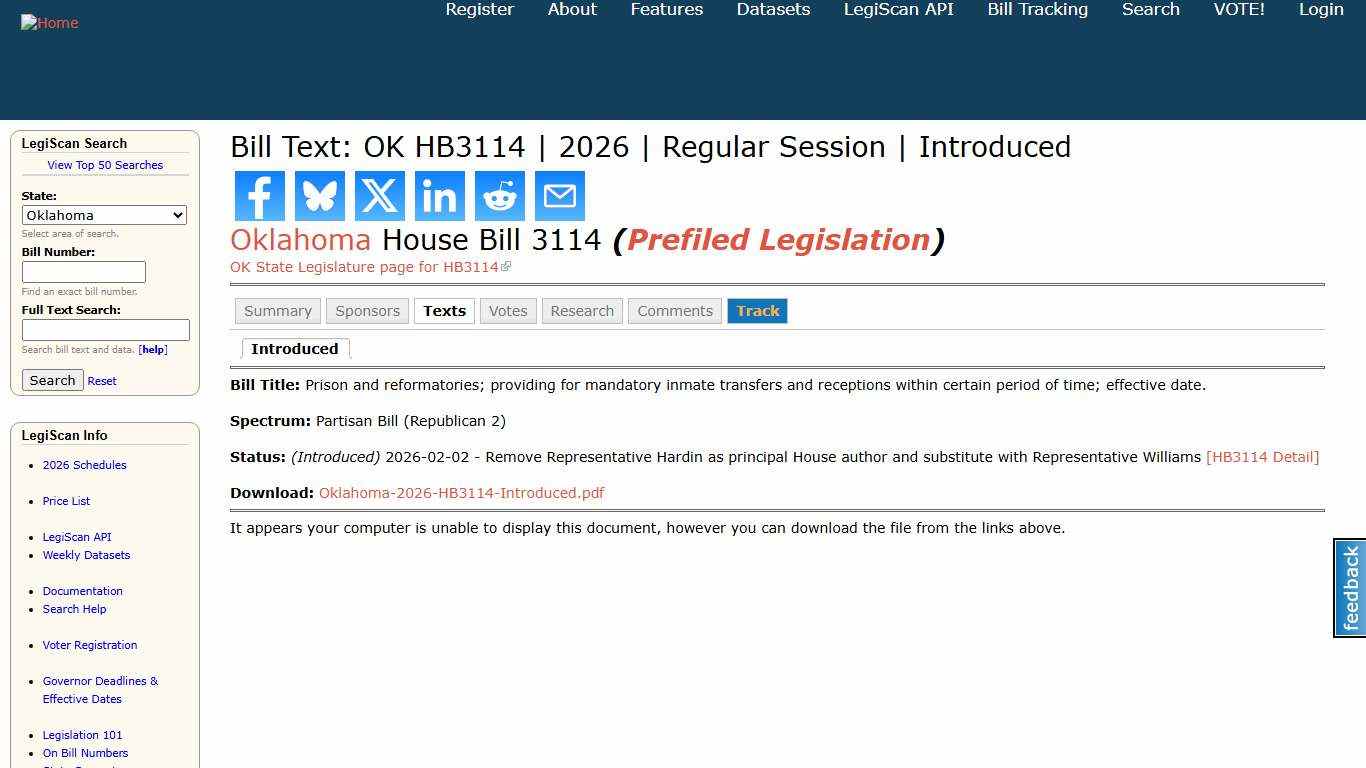 Bill Text: OK HB3114 2026 Regular Session Introduced LegiScan