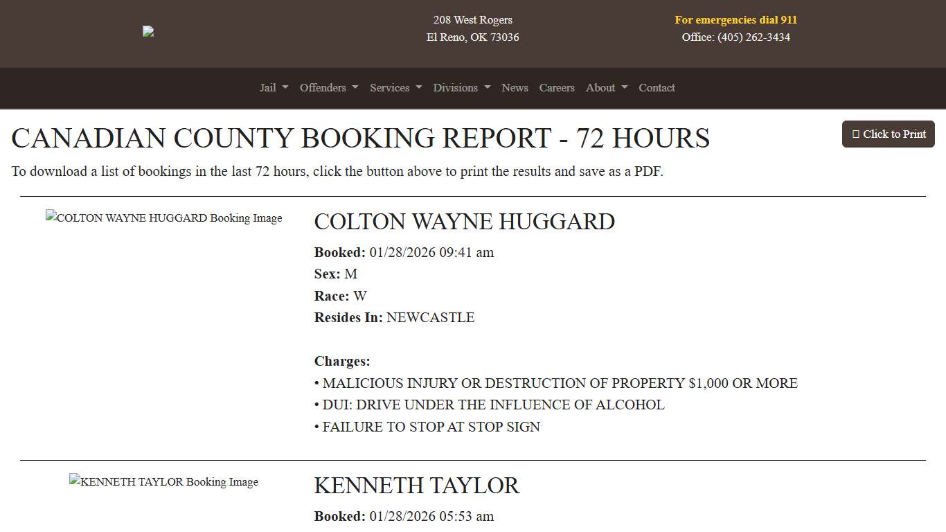 72 Hour Booking Report Canadian County Sheriff's Office